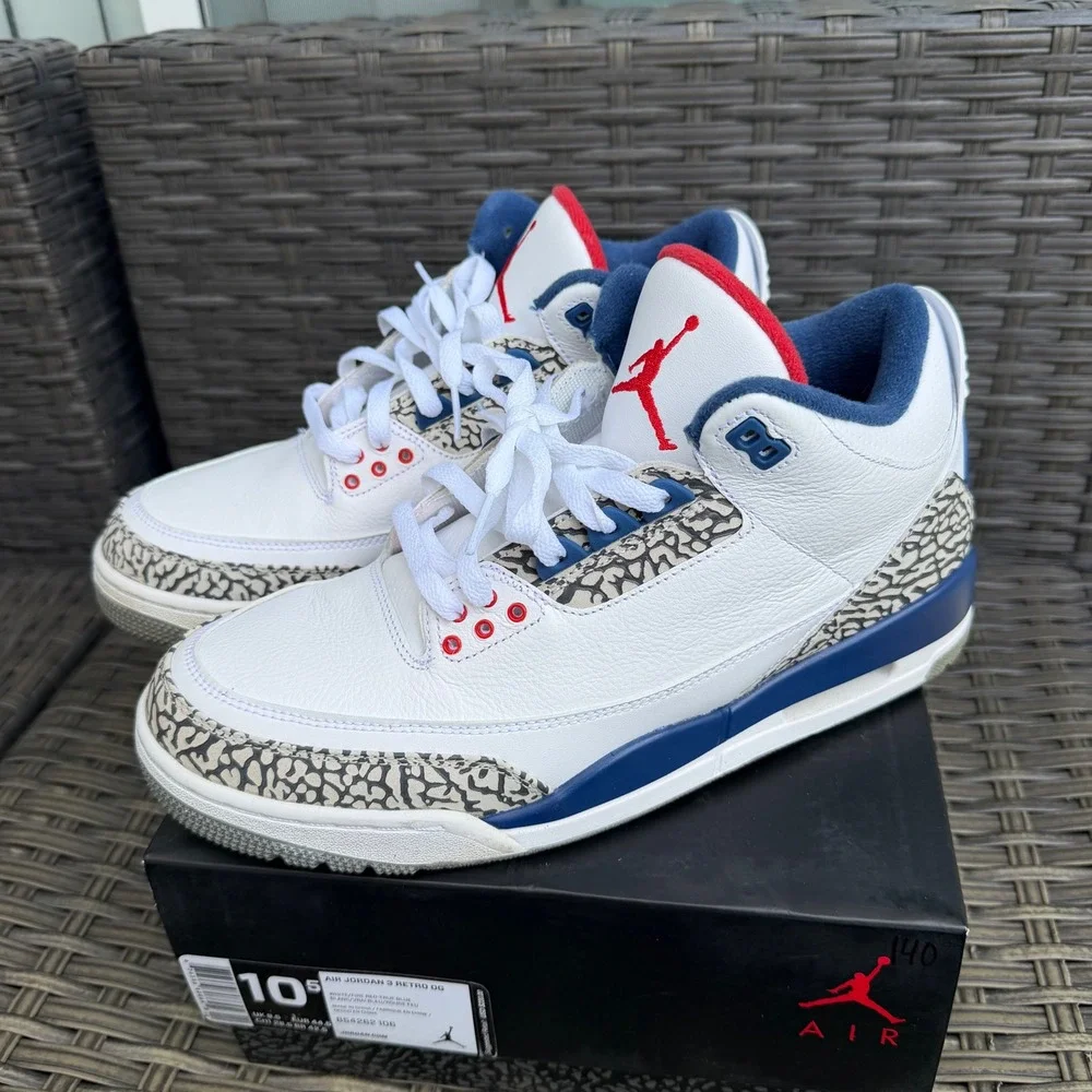 Air Jordan 3 Retro OG True Blue White Fire Red Blue Mens 10.5
